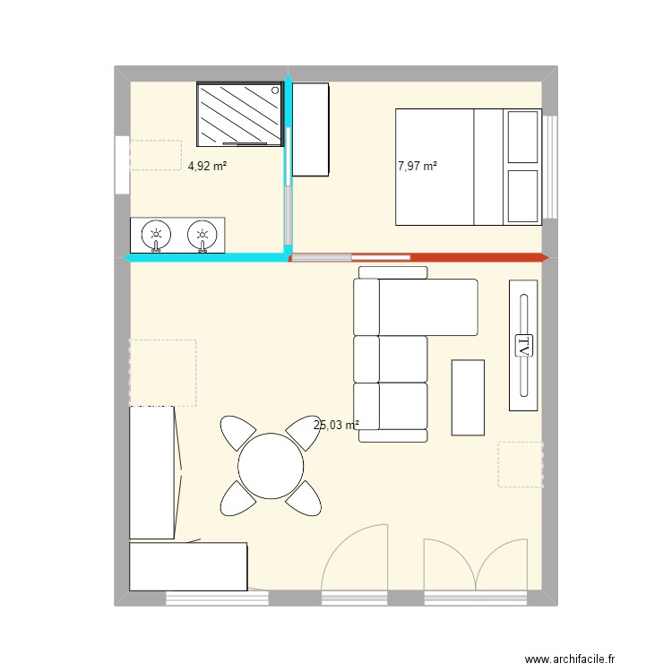 container. Plan de 3 pièces et 38 m2