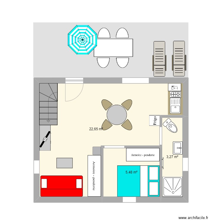 Chalet CANTAL RDC. Plan de 3 pièces et 31 m2