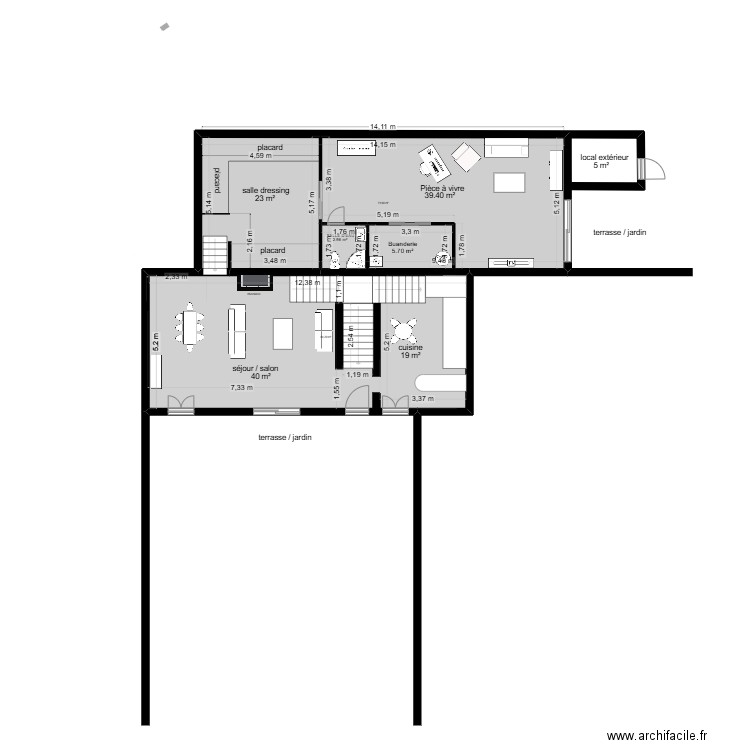 maison  courret  rdc. Plan de 2 pièces et 136 m2