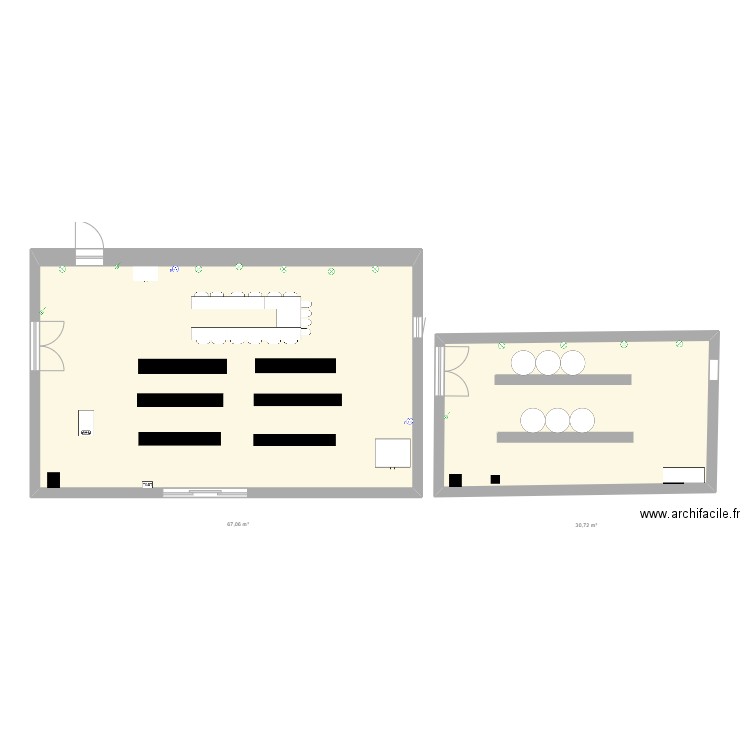 aménagement atelier . Plan de 2 pièces et 98 m2