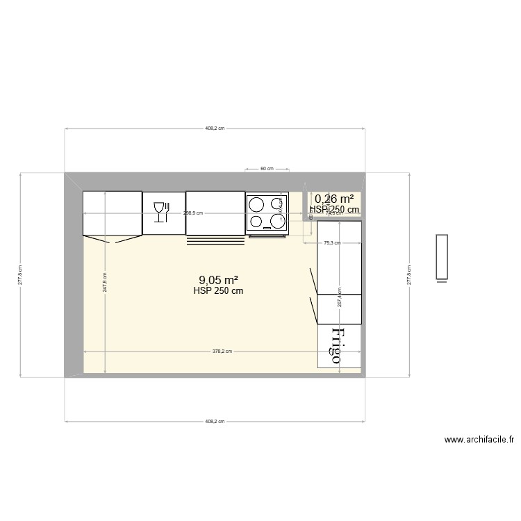 cuisine. Plan de 2 pièces et 9 m2