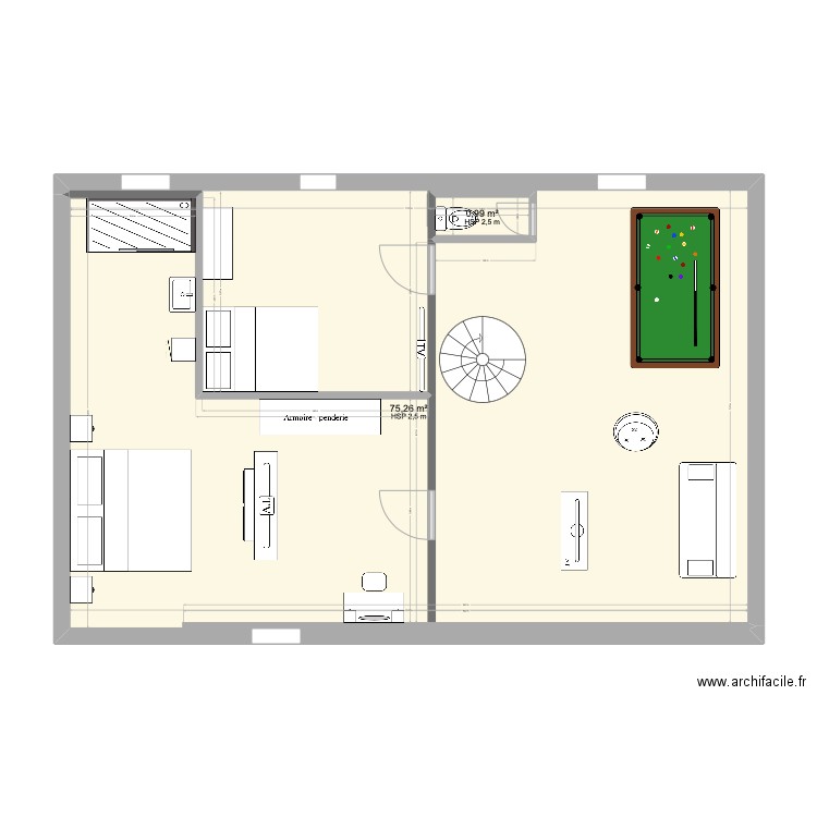 combles. Plan de 2 pièces et 76 m2