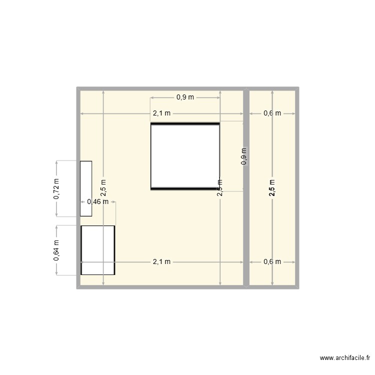 Mur Coté Fenêtre. Plan de 2 pièces et 7 m2