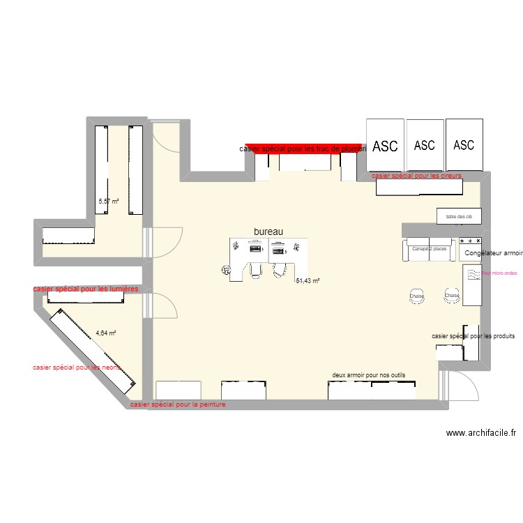 plan du 17eme. Plan de 3 pièces et 62 m2