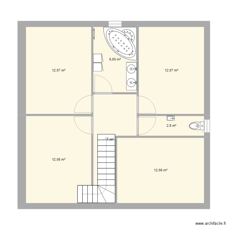 Etage 4 chambres. Plan de 7 pièces et 64 m2