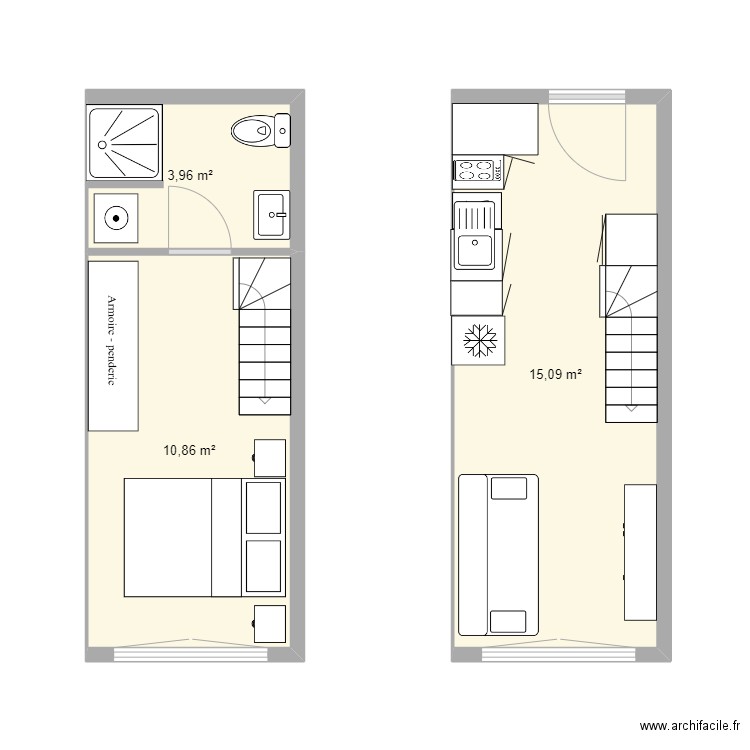 duplex. Plan de 5 pièces et 38 m2