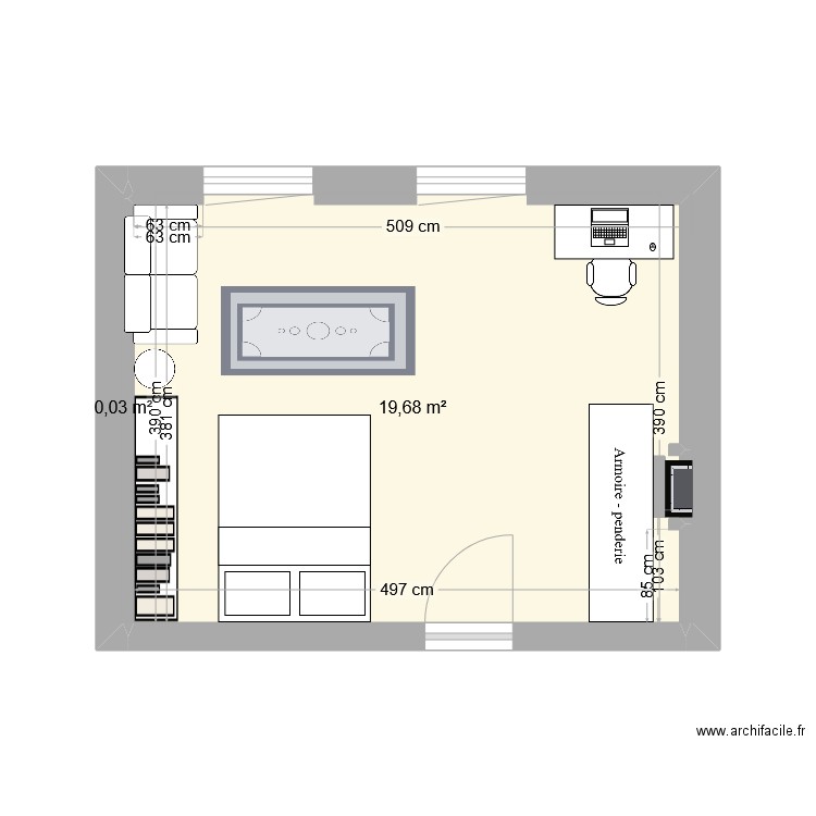 Chambre de sa majesté Léonie V1. Plan de 2 pièces et 20 m2