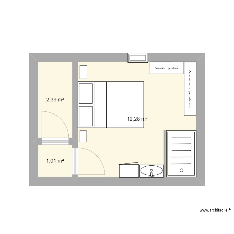 Chambre 1er. Plan de 3 pièces et 16 m2