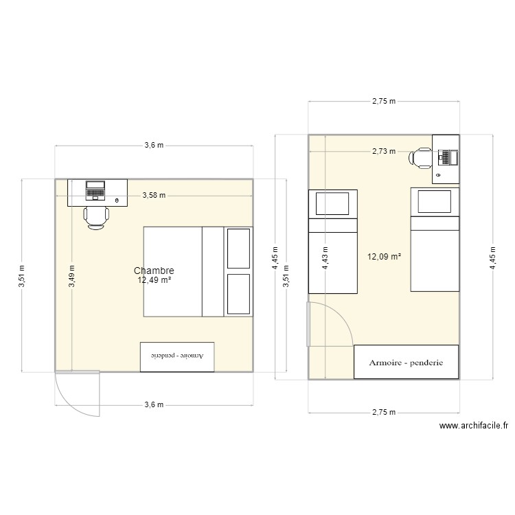 appart. Plan de 2 pièces et 25 m2