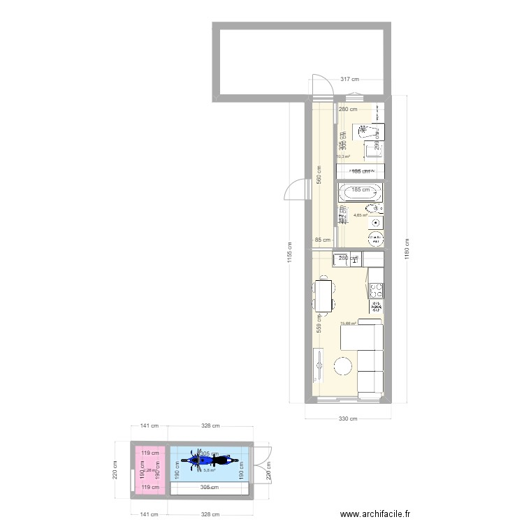 Plan. Plan de 5 pièces et 39 m2