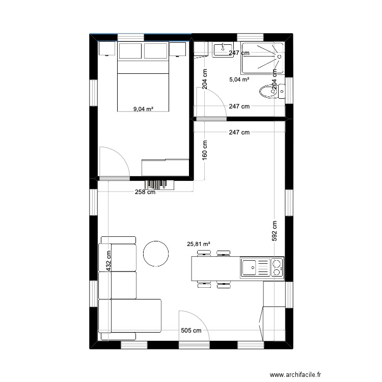 Maison flottante. Plan de 4 pièces et 38 m2