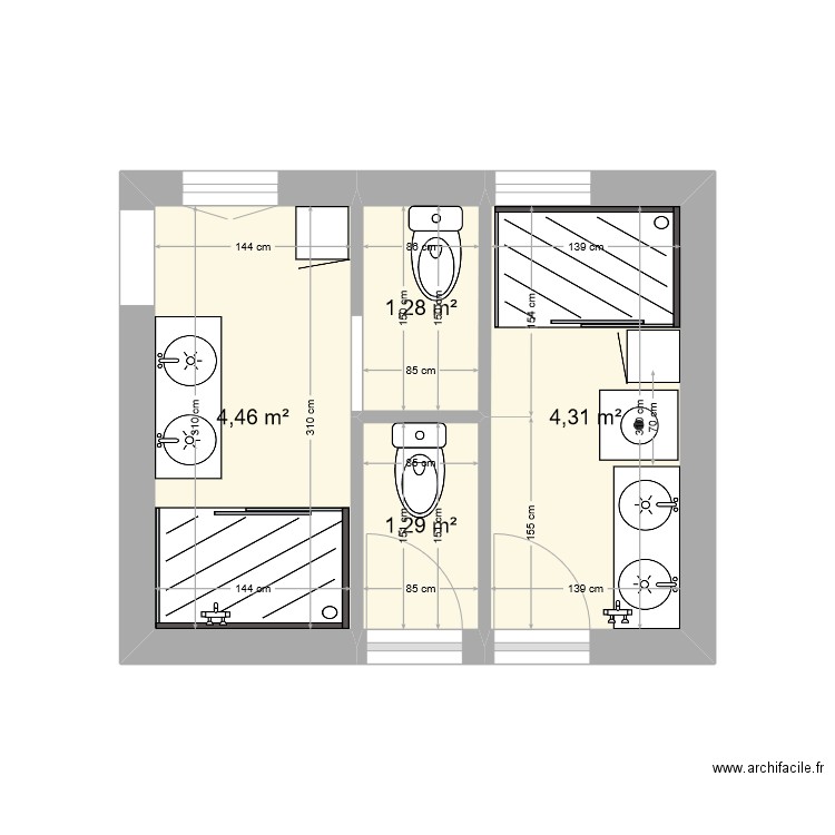 sdb x 2. Plan de 4 pièces et 11 m2