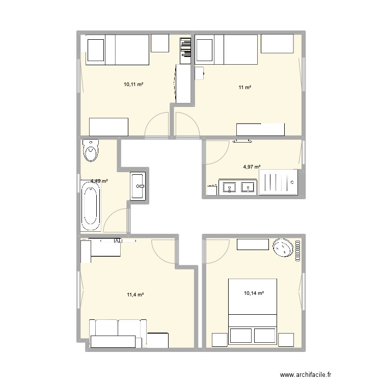 Chambres 1. Plan de 6 pièces et 52 m2