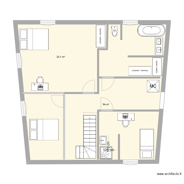 Cha1er1. Plan de 2 pièces et 77 m2