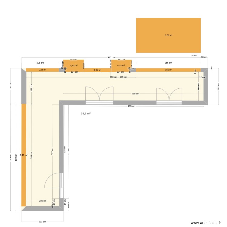 Balcon. Plan de 1 pièce et 26 m2