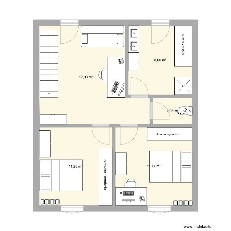 Etage. Plan de 5 pièces et 52 m2