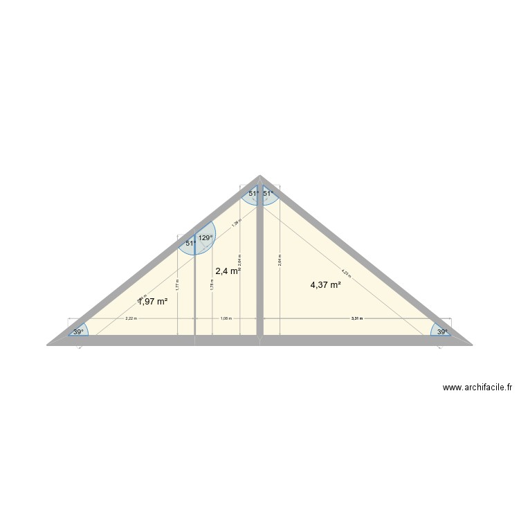 comble fenelon. Plan de 3 pièces et 9 m2