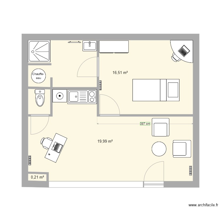 magasin. Plan de 3 pièces et 37 m2