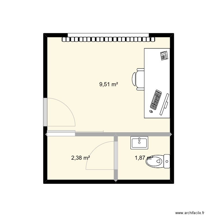 Buanderie/toilette/bureau. Plan de 3 pièces et 14 m2