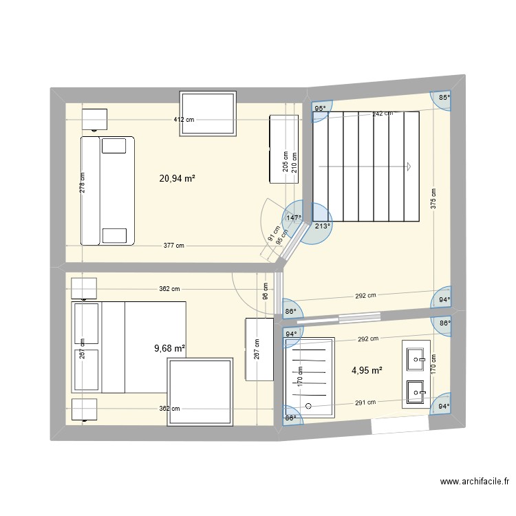 Etage gîte. Plan de 3 pièces et 36 m2