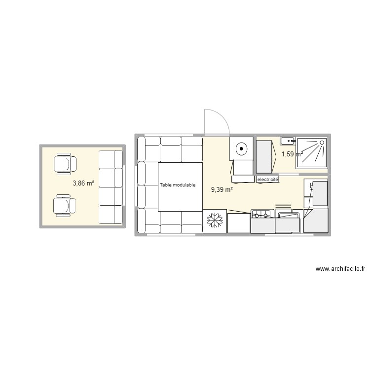 Cellule 4800. Plan de 3 pièces et 15 m2