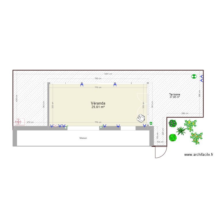 Véranda /terrasse. Plan de 3 pièces et 77 m2