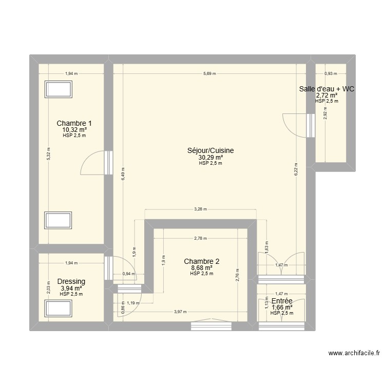 13 coteau Clichy. Plan de 6 pièces et 58 m2