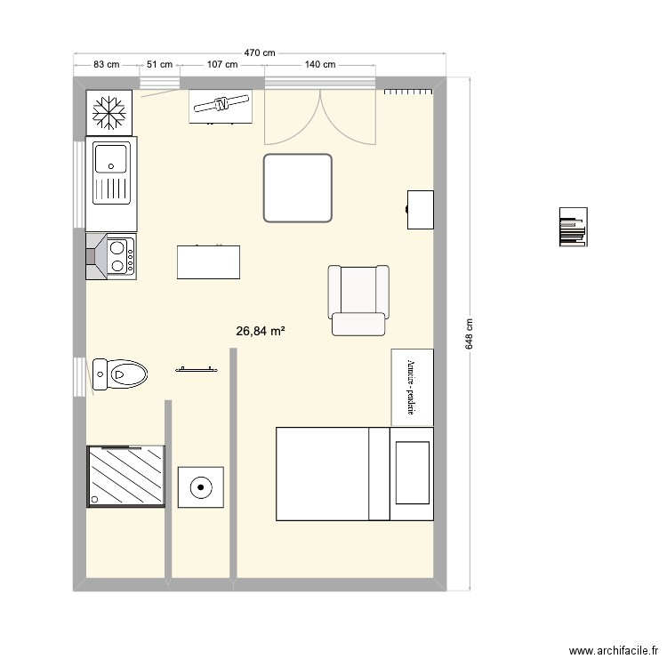 tuyo 6. Plan de 1 pièce et 27 m2