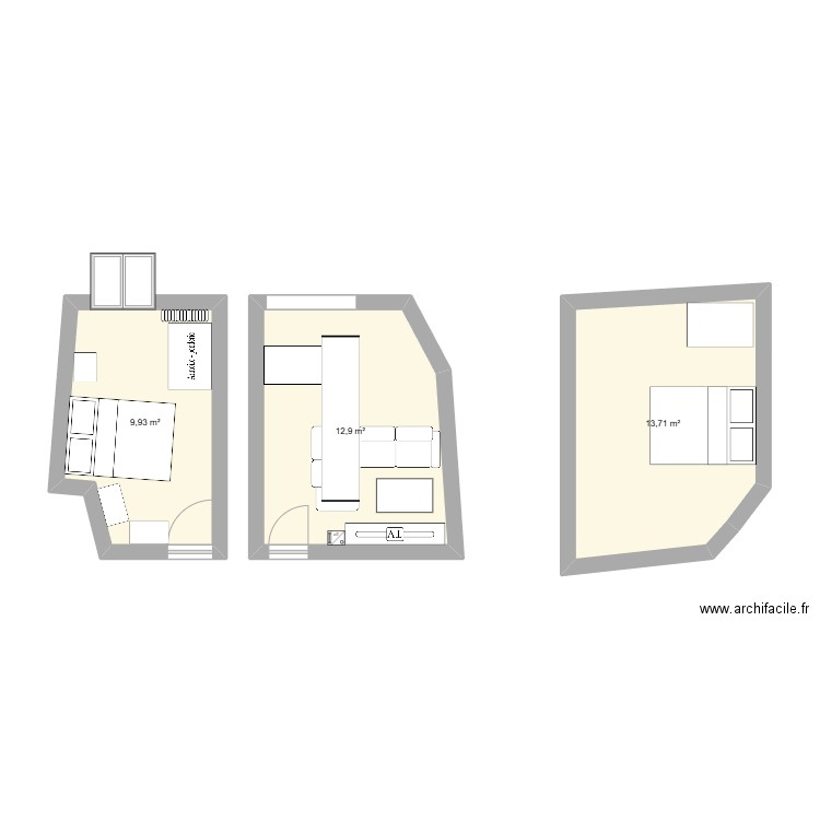 dsr. Plan de 3 pièces et 36 m2