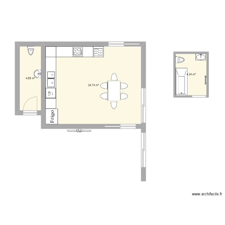 cuisine. Plan de 3 pièces et 34 m2