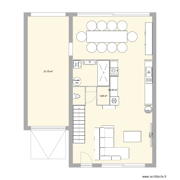 REZ DE CHAUSSEE. Plan de 3 pièces et 77 m2