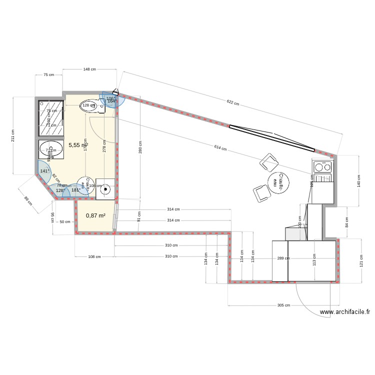 Salle principale paris. Plan de 2 pièces et 6 m2