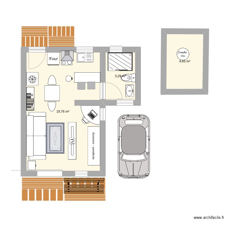 Extension chb coté voiture (sans mur chb). Plan de 3 pièces et 33 m2