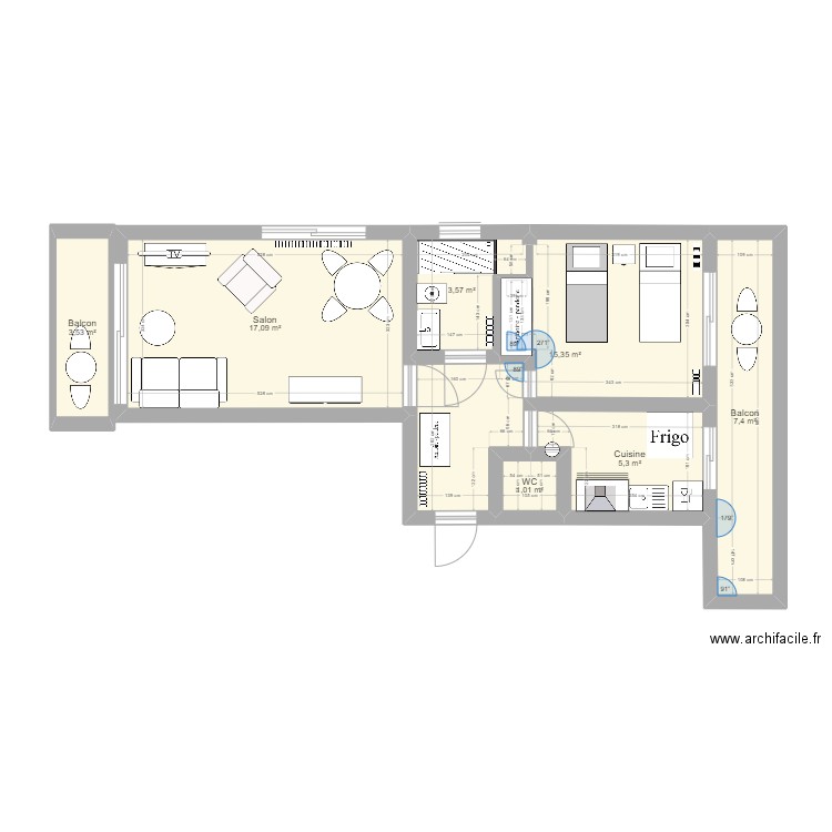 Arcachon T2 RD FD aménagé. Plan de 7 pièces et 53 m2