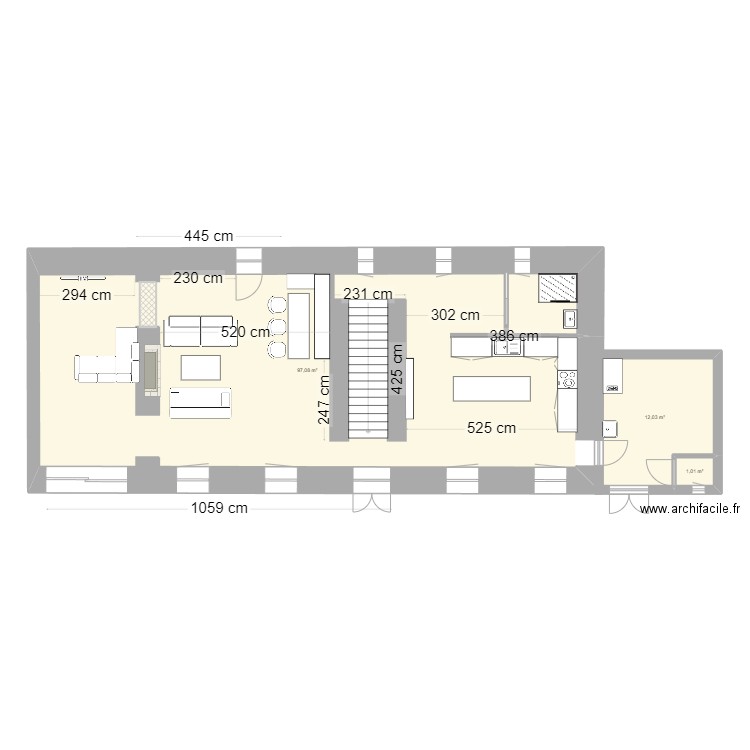 Rdc 2. Plan de 3 pièces et 110 m2