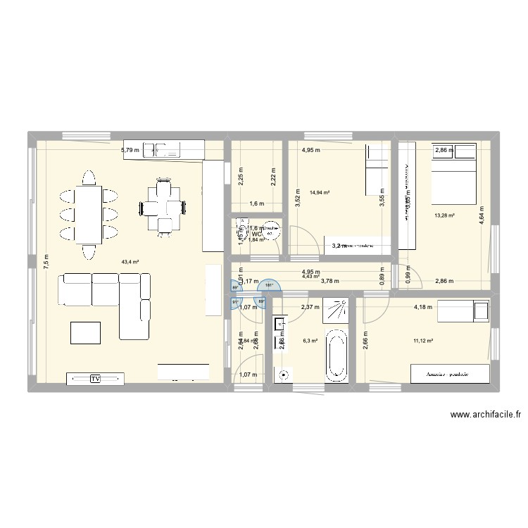 Plein pied Wahagnies. Plan de 8 pièces et 98 m2