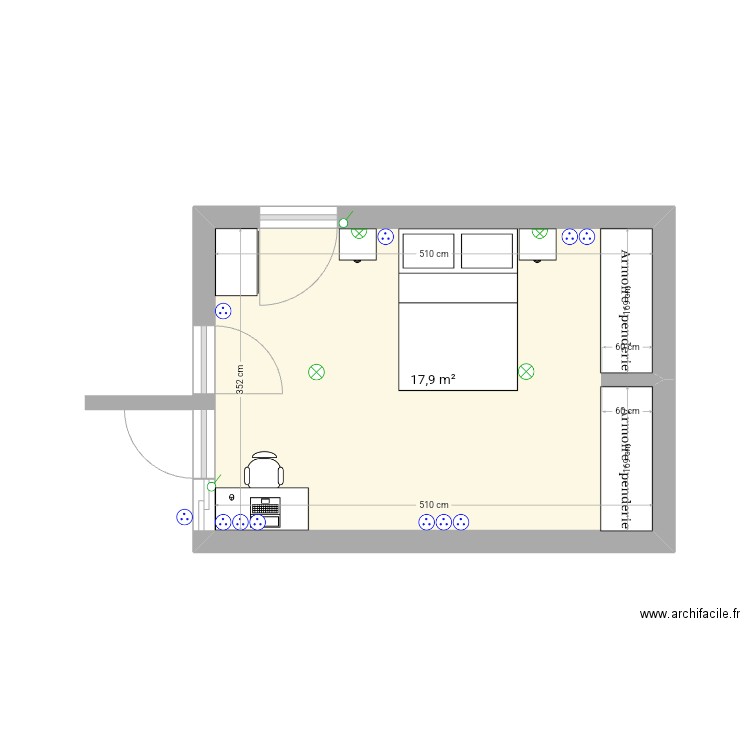 Chambre parentale 1re étage . Plan de 1 pièce et 18 m2