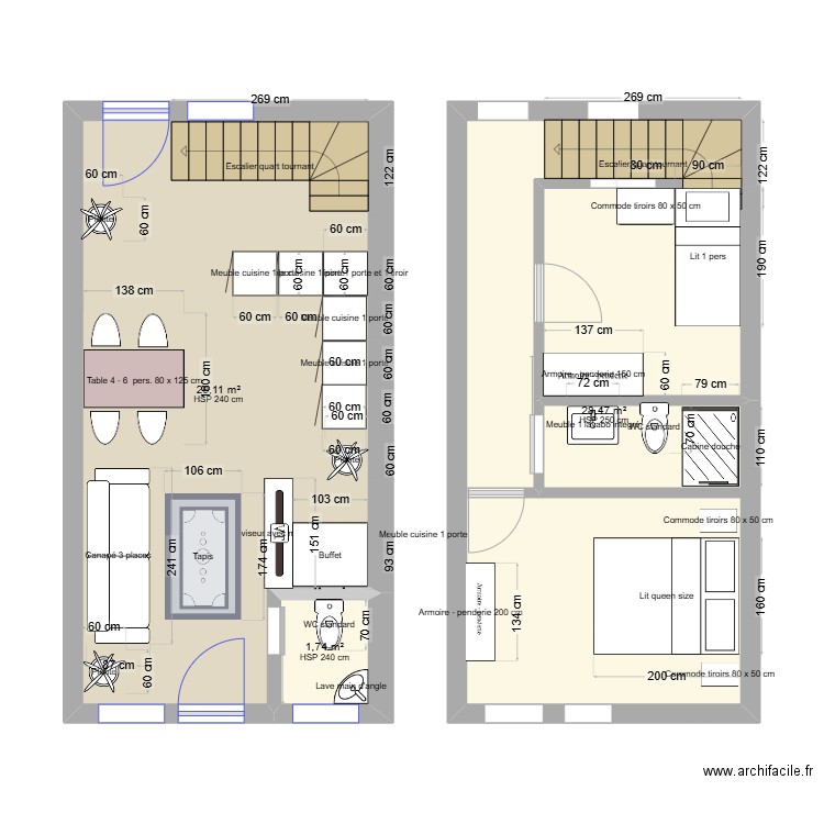 Plan Biw. Plan de 3 pièces et 59 m2