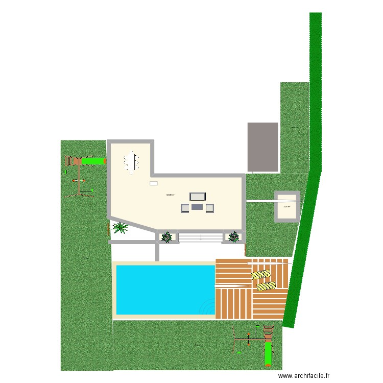 Piscine. Plan de 4 pièces et 58 m2