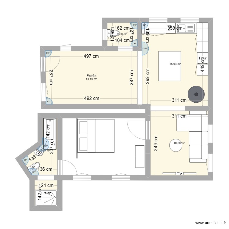 Inefable. Plan de 6 pièces et 49 m2