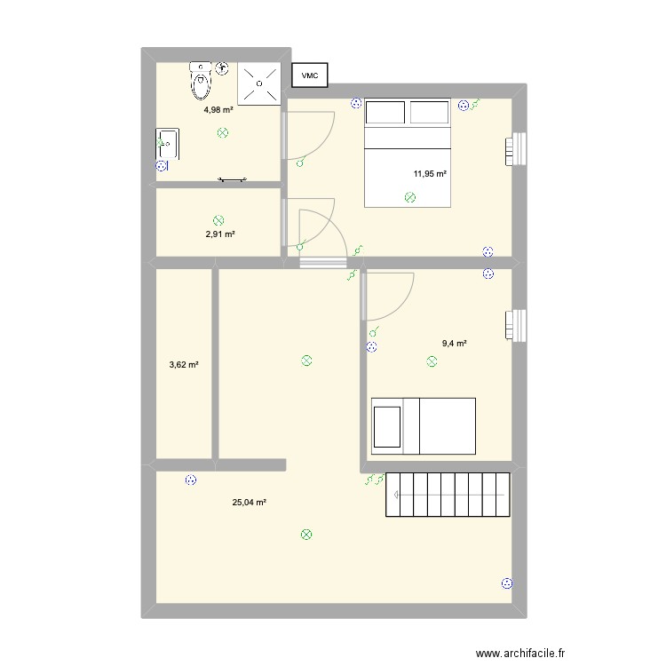 PETIT R+1. Plan de 6 pièces et 58 m2