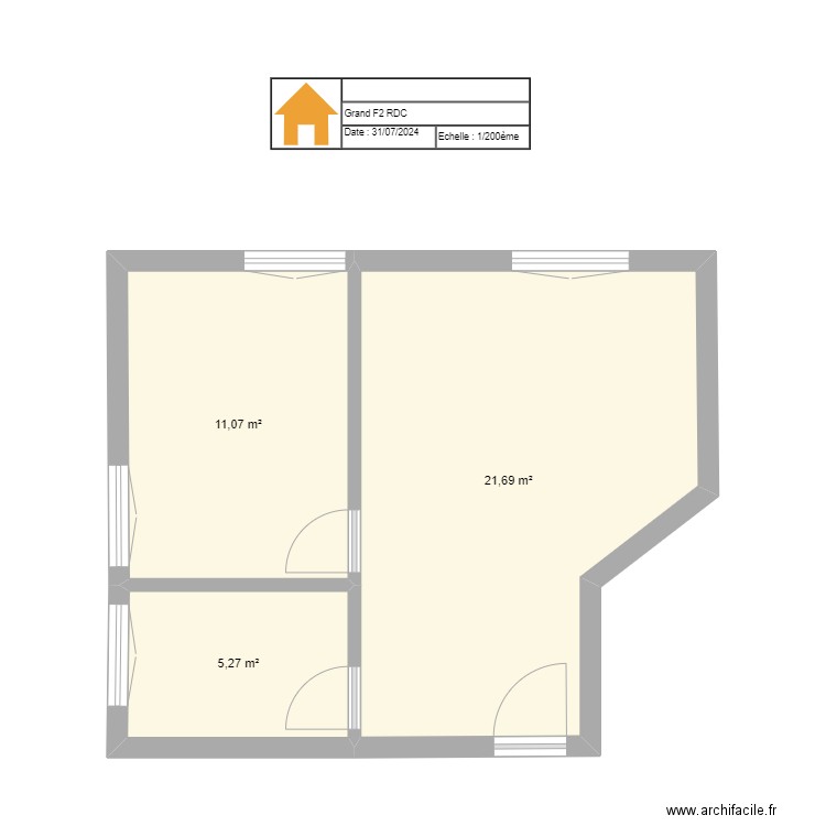 Grand F2 RDC. Plan de 3 pièces et 38 m2