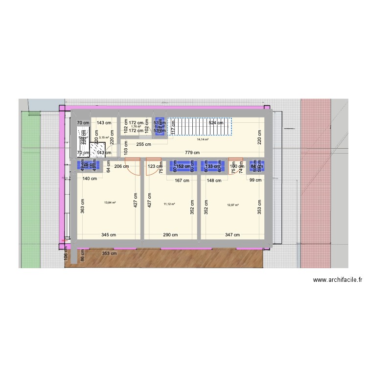 Etage chalet. Plan de 12 pièces et 62 m2