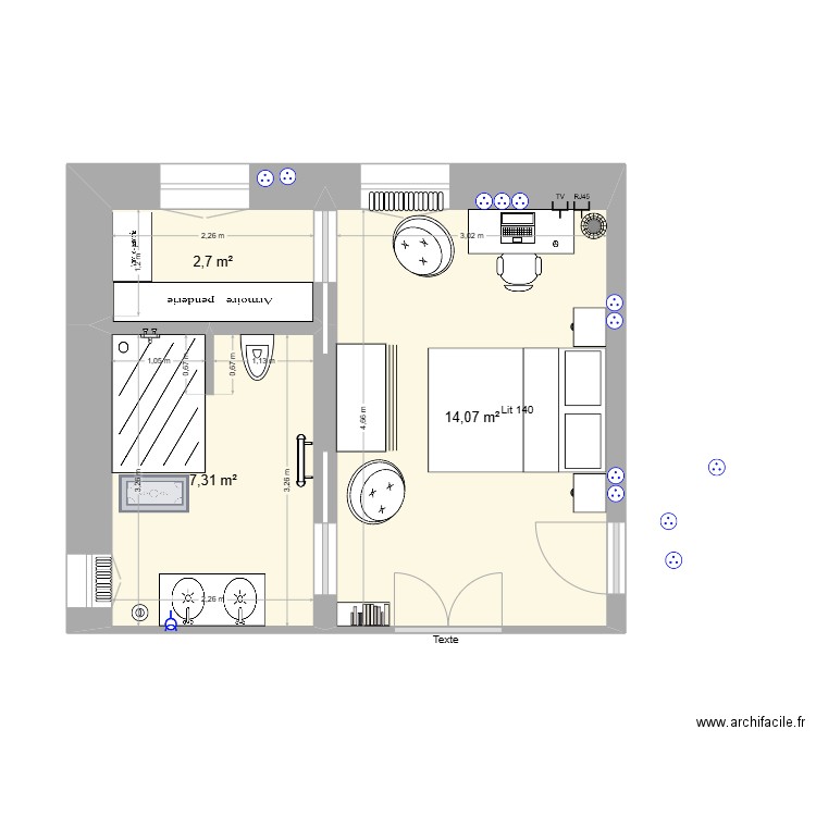 Chambre d'ami 1er étage 2ème. Plan de 3 pièces et 24 m2