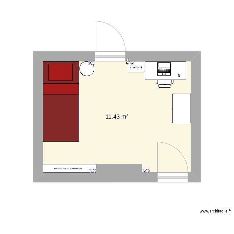 chambre. Plan de 1 pièce et 11 m2