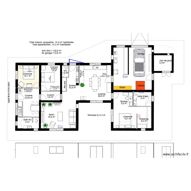 Maison Jacqueline V14 moins longue. Plan de 1 pièce et 10 m2