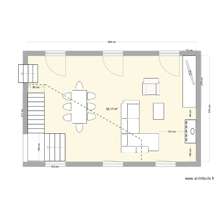 Salon Esbareich V1. Plan de 1 pièce et 52 m2