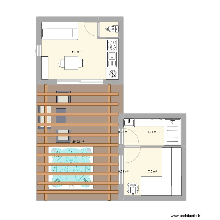 3x4 mini + sauna. Plan de 7 pièces et 50 m2