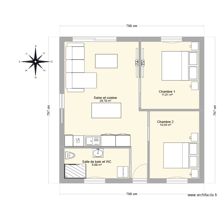 Le Mans. Plan de 4 pièces et 56 m2