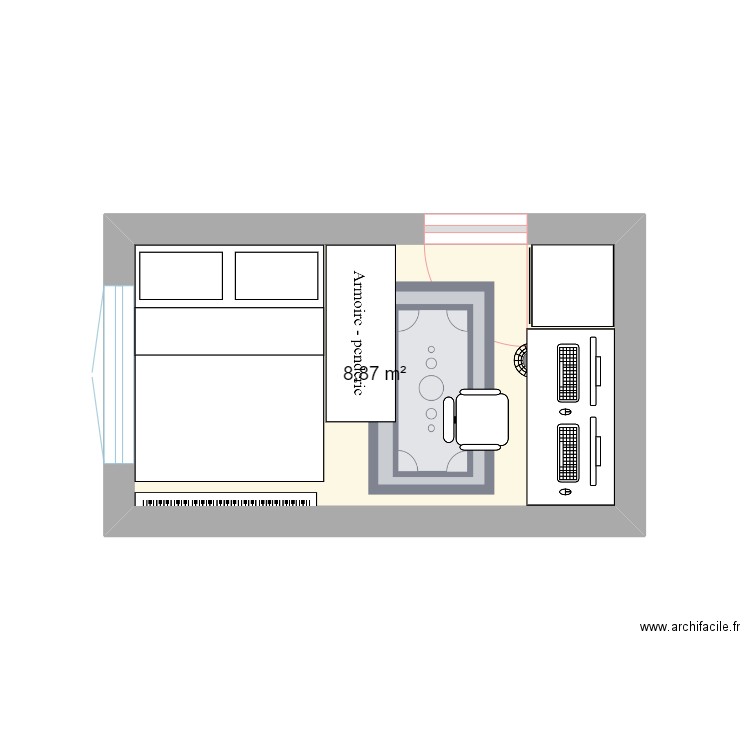 Chambre este. Plan de 1 pièce et 9 m2